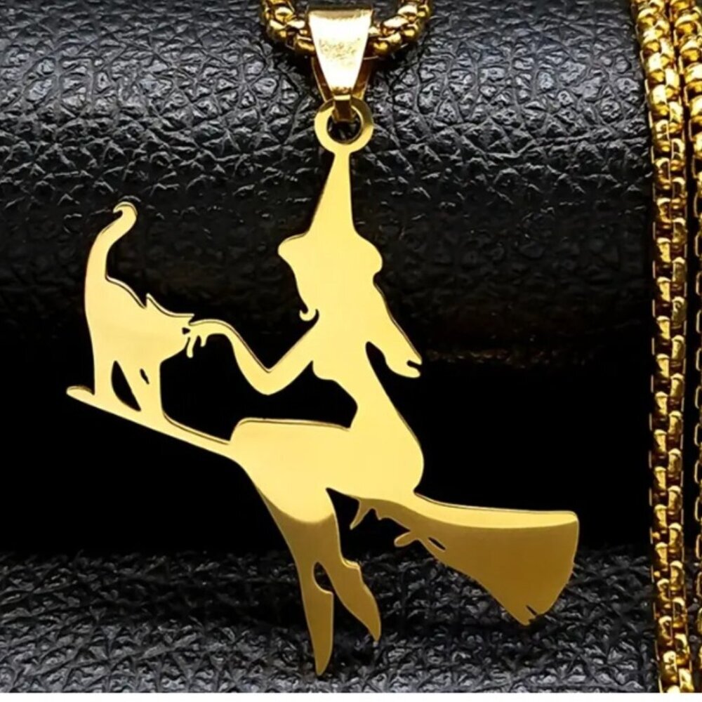 Pure Magic a Witch Riding a Broom with her Cat Necklace - Stainless Steel - Gold